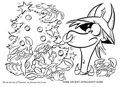 Open spread of pages 4 and 5 from the coloring book showing humorous Munchkin scenes with elves, monsters, and wrapped gifts