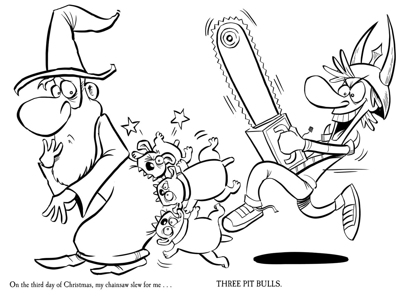 Double-page layout from the coloring book with Munchkin characters engaging in comical battles and holiday antics