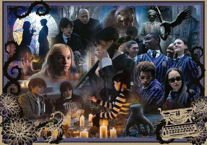 Gothic poster collage of the main cast of Wednesday, including Wednesday Addams, Enid, and students, with Thing and monsters