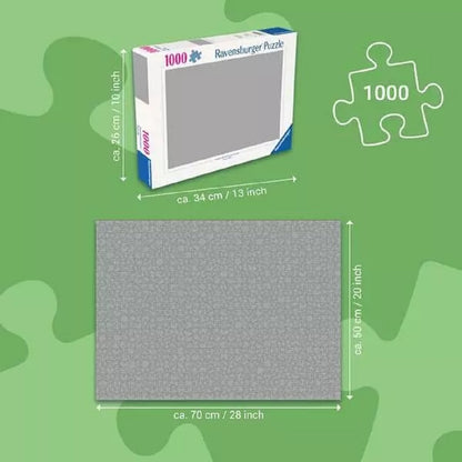 Ravensburger 1000-piece puzzle box showing dimensions: box (34x26cm) vs. completed puzzle (70x50cm)