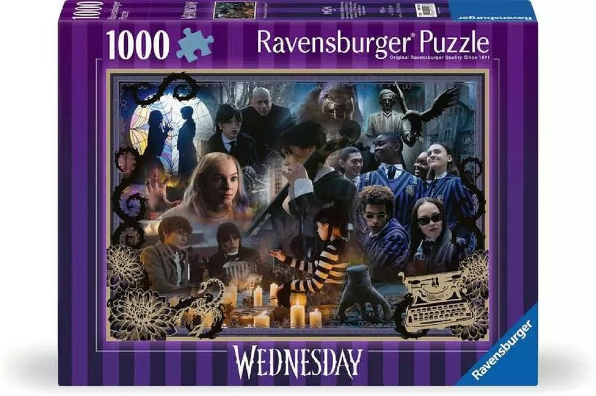 Ravensburger 1000-piece puzzle box for the series Wednesday, featuring a dark purple collage of the main cast