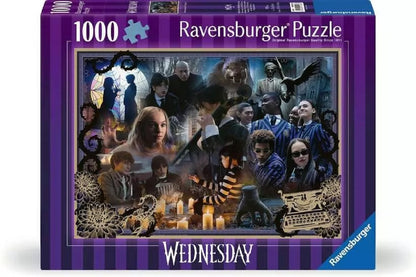 Ravensburger 1000-piece puzzle box for the series Wednesday, featuring a dark purple collage of the main cast