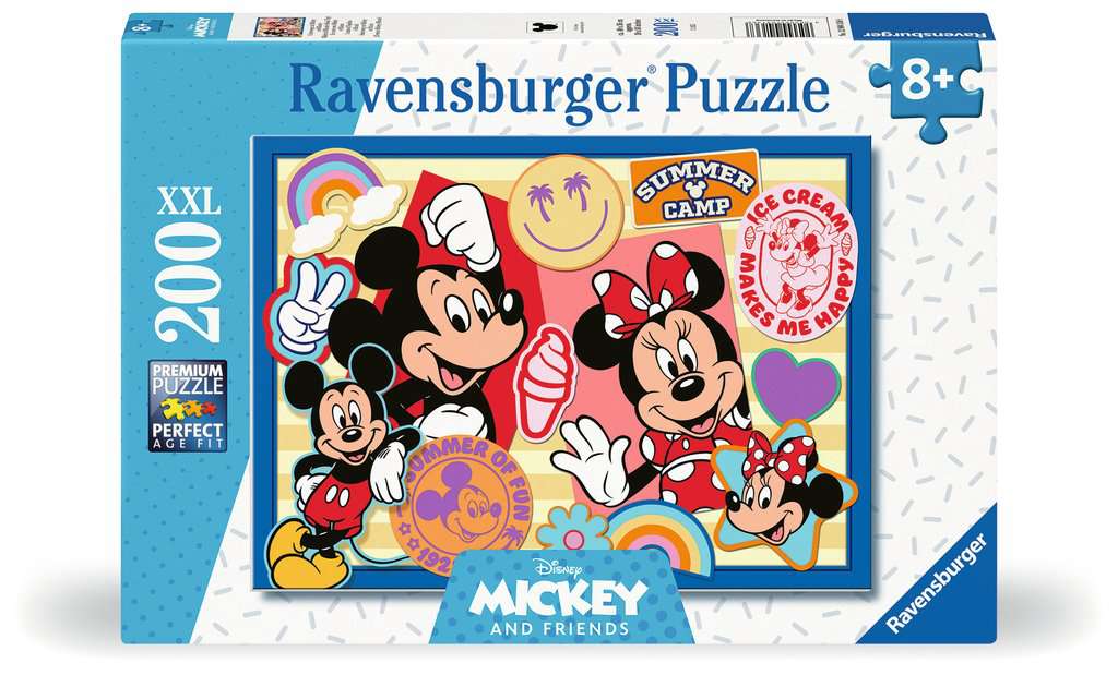 Ravensburger Mickey Mouse and Friends 200-piece puzzle with Mickey and Minnie characters ice cream rainbows and summer fun graphics