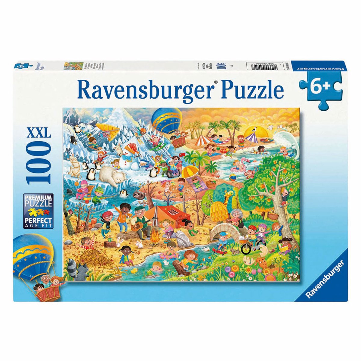Ravensburger 100-piece XXL puzzle box with a colorful illustration of people and animals in diverse environments