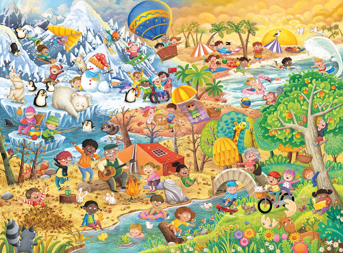 Vibrant cartoon scene showing diverse people and animals enjoying activities in winter mountains, beaches, and forests