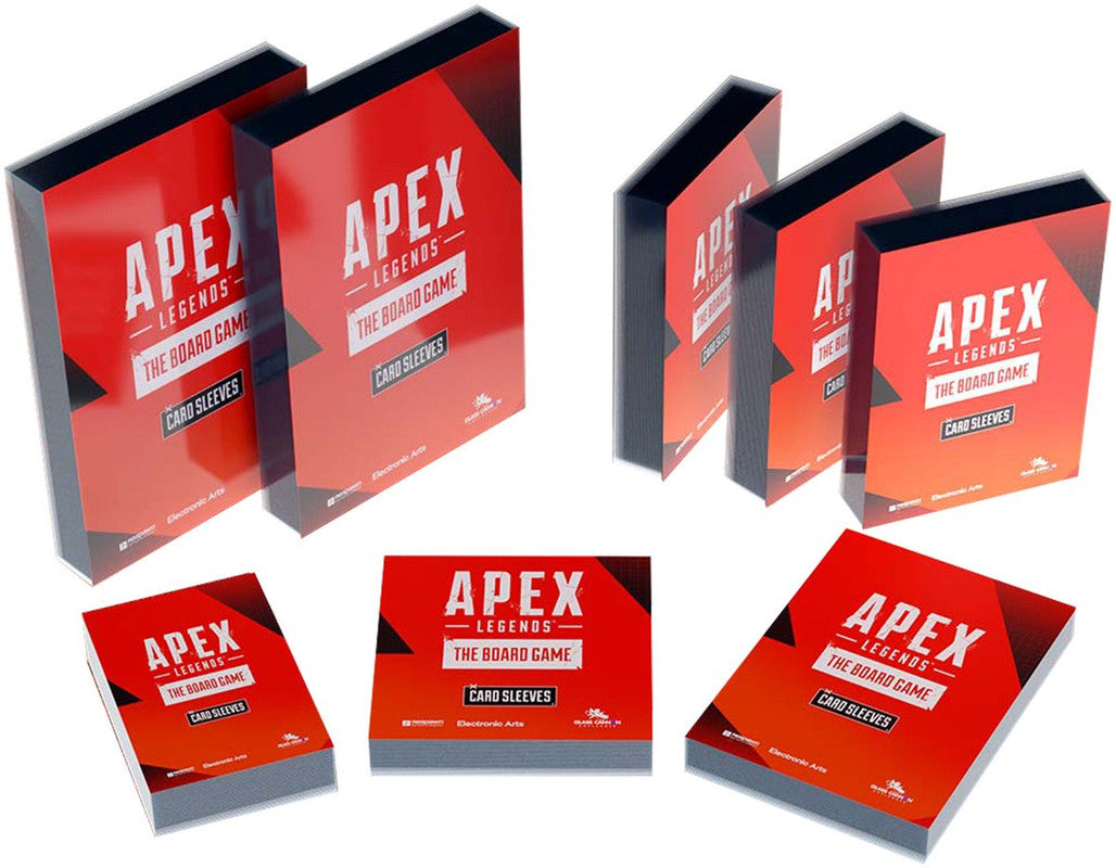 Apex Legends The Board Game Card Sleeves in red showcasing various packaging and stacks ideal for protecting game cards