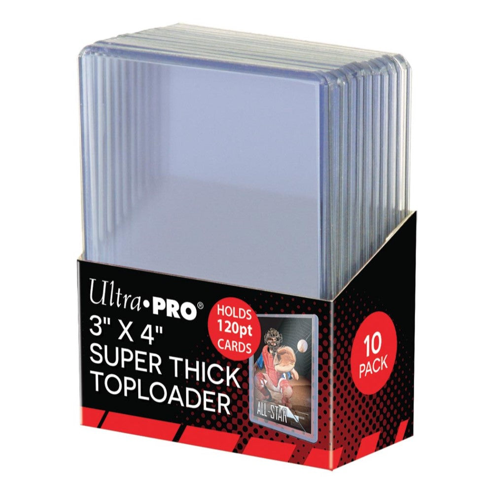 A 10-pack of clear Ultra-PRO Super Thick Toploaders, 3x4 inch protective sleeves for trading cards, in a display box