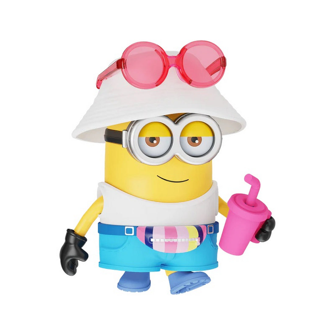 Minion toy wearing a white hat, blue shorts, and fanny pack, holding a bright pink drink cup