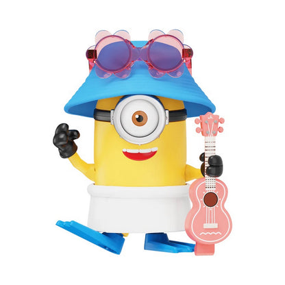 Minion toy in a blue sun hat, pink sunglasses, and flippers, holding a pink ukulele