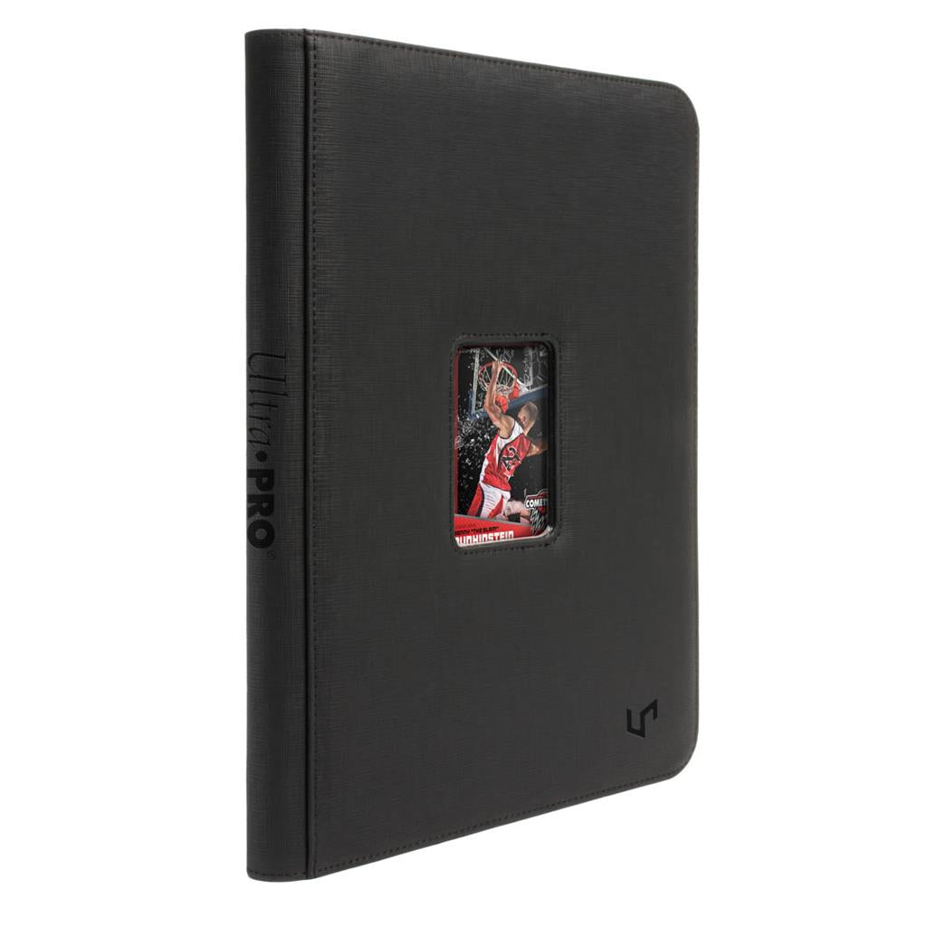 Black Ultra PRO trading card binder displaying a basketball player dunking in the front window