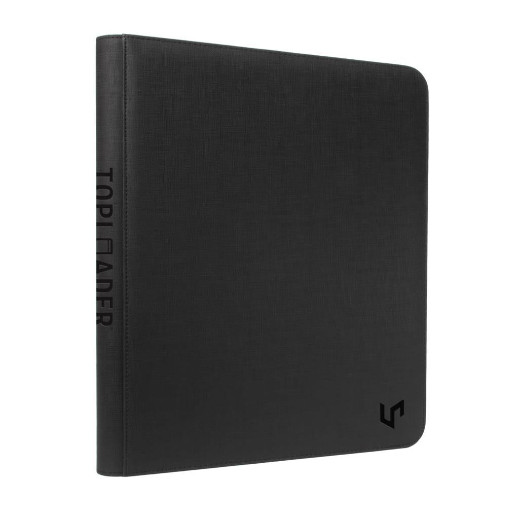 Closed black, textured card binder with "TOPLOADER" on the spine and a logo on the cover