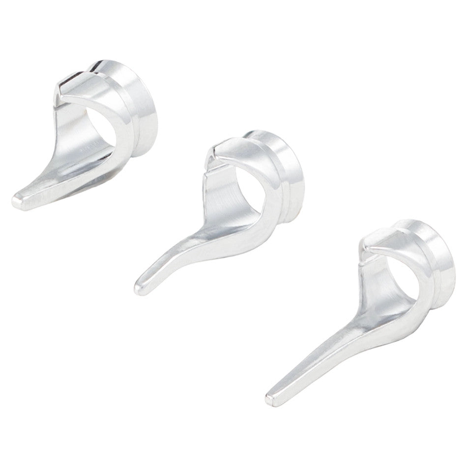 Three identical silver metal components, each with a cylindrical base and a curved, pointed arm, on white