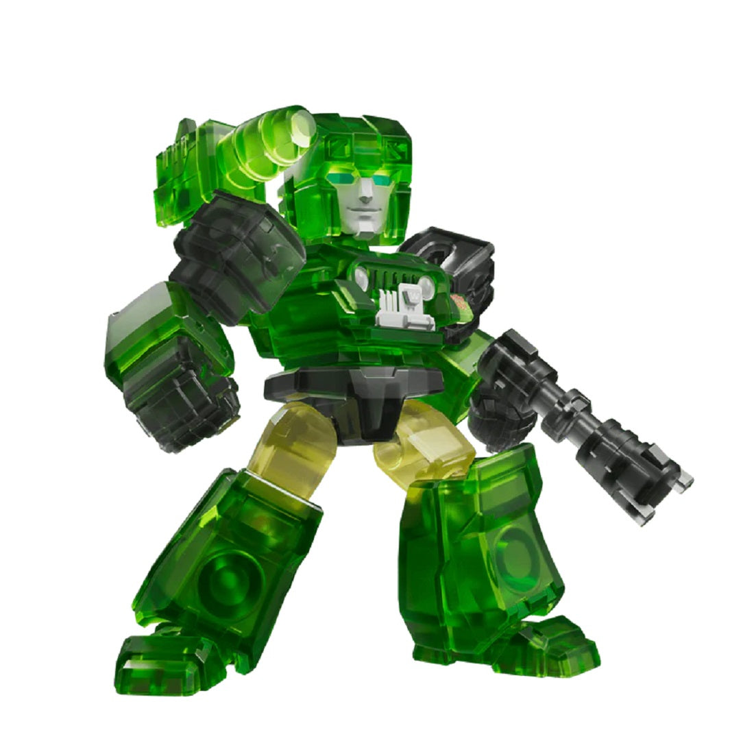 Translucent green, blocky robot figure (Hound) with Jeep chest detail, holding a dark gray blaster