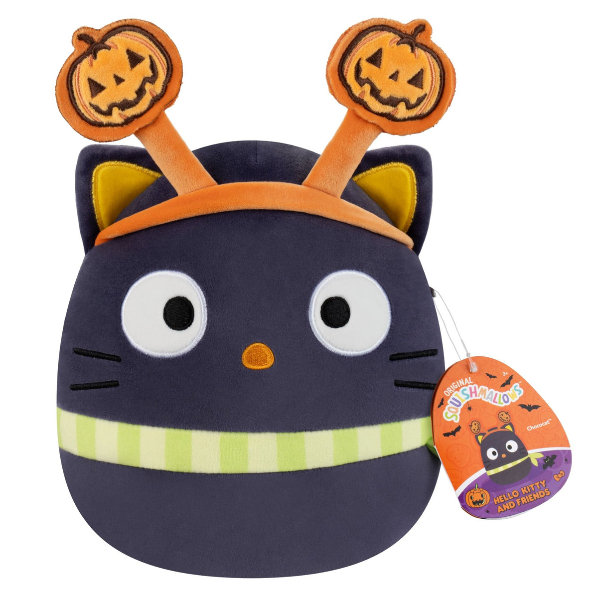 An 8-inch Halloween Chococat Squishmallow plush featuring dark blue fur, orange jack-o-lantern antennas, a neon green striped belly band, and the attached orange tag