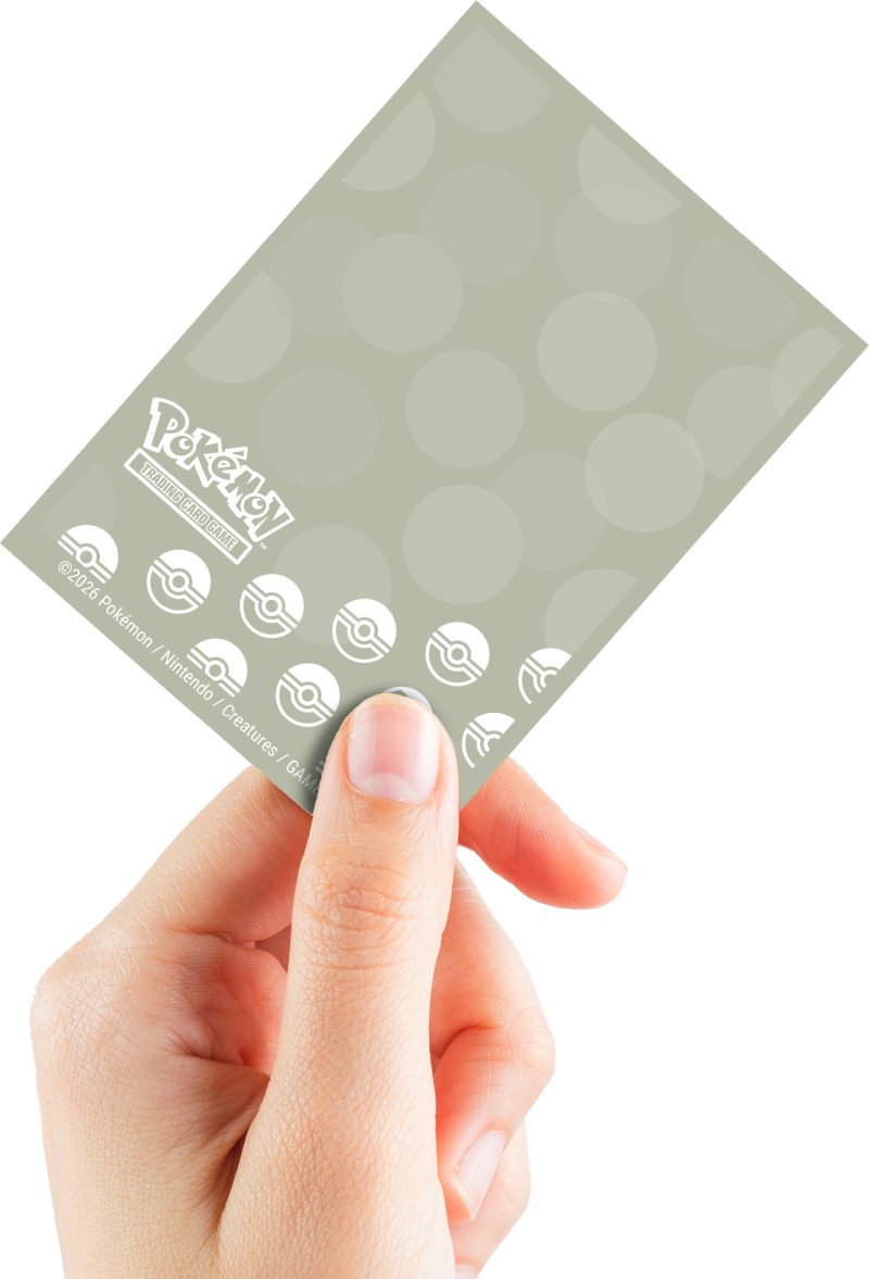 Pokémon TCG card sleeve held by a hand, showing the logo and Poké Ball icons