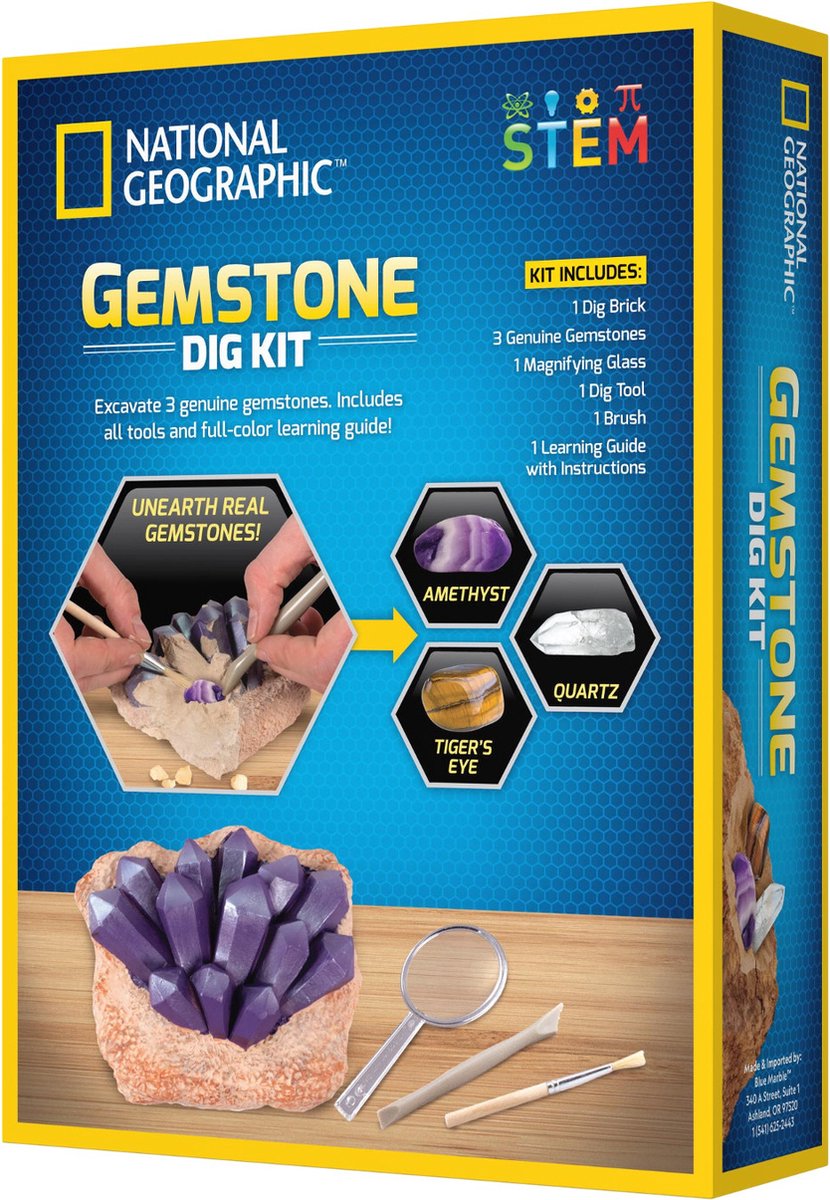 National Geographic STEM Gemstone Dig Kit box showing amethyst, quartz, tiger's eye, excavation tools, and learning materials