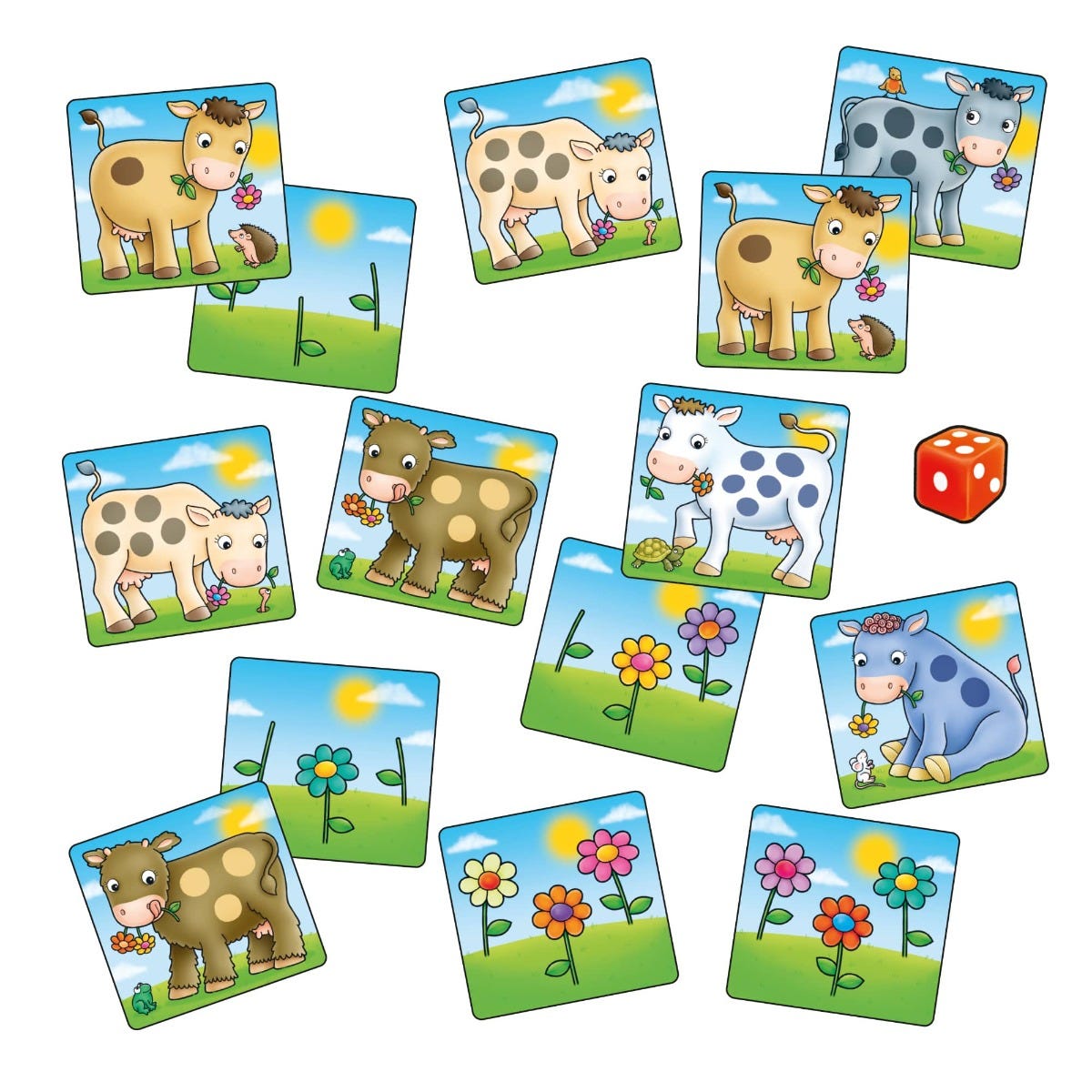 Colorful cartoon cow and flower matching game tiles scattered with a red die