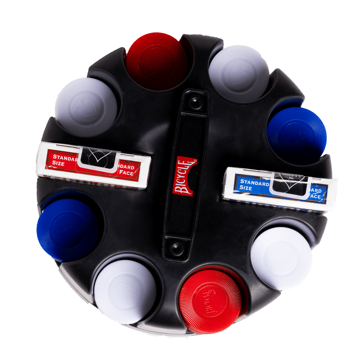 A black Bicycle poker chip set with red, white, and blue chips and two decks of cards