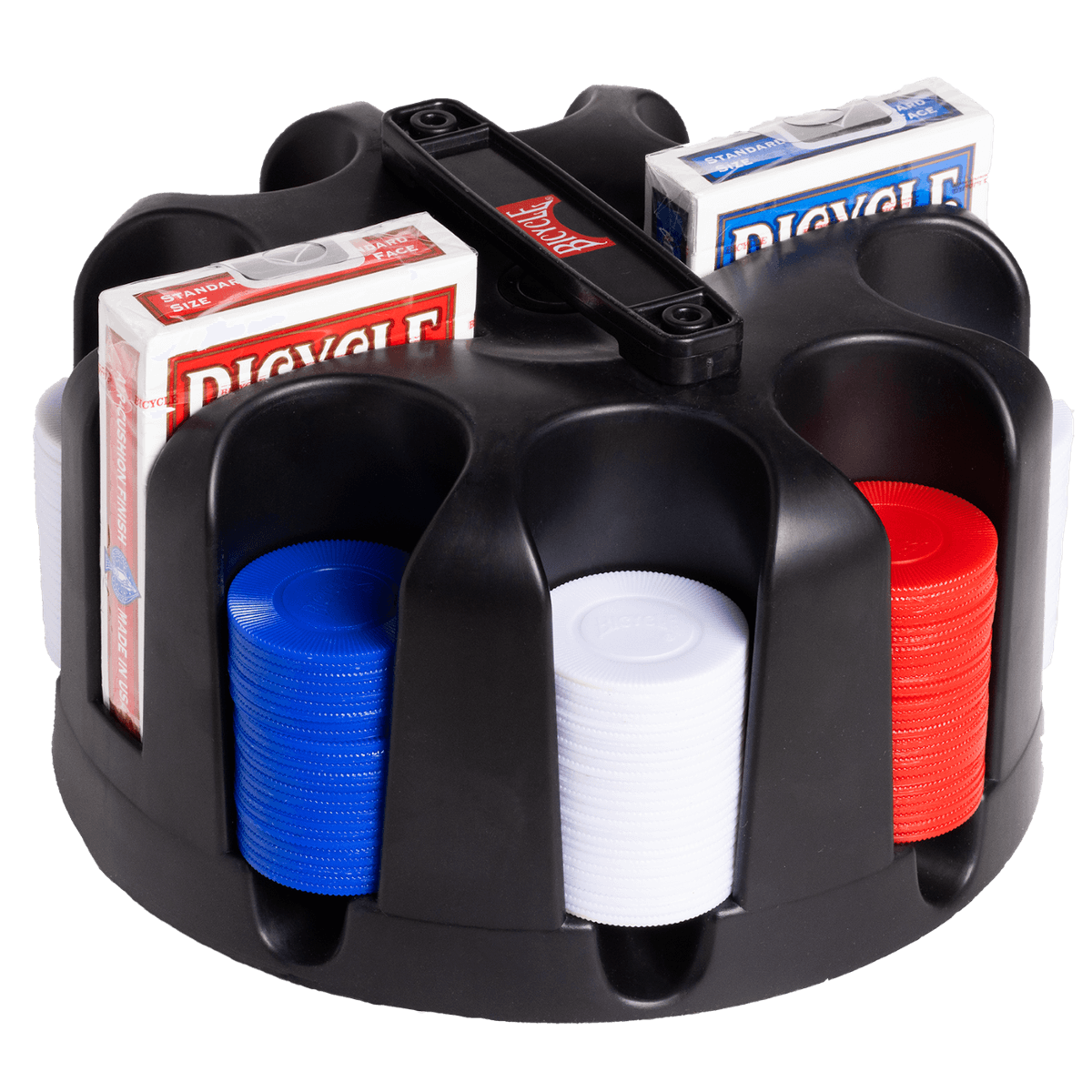 Black round organizer with handle, holding red, white, blue poker chips and Bicycle playing cards