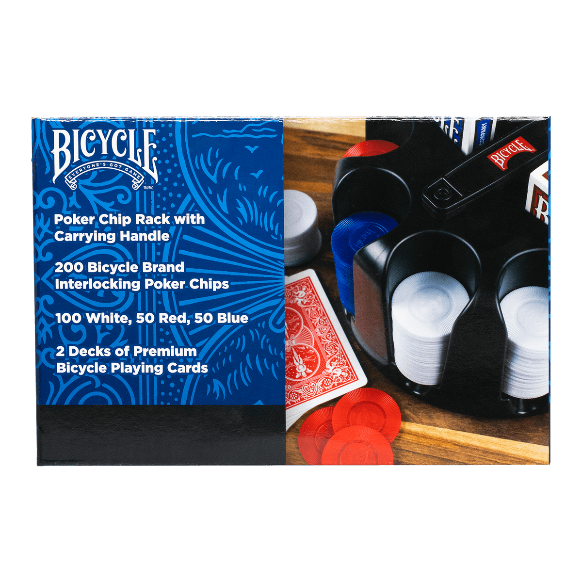 A Bicycle poker chip set box showing a black chip rack with white/blue chips, red chips, and a red playing card