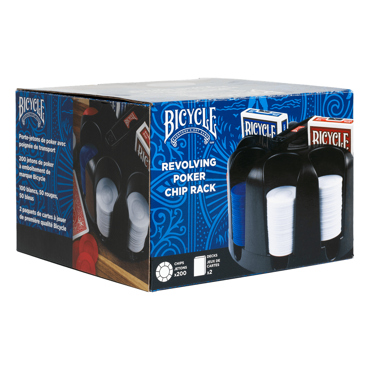 Bicycle Revolving Poker Chip Rack set in its blue retail box, showing chips and playing cards