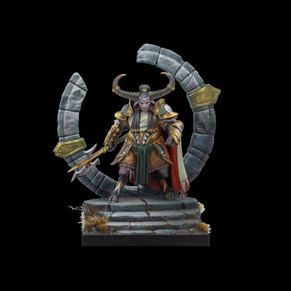 A horned, purple-skinned warrior in golden armor with cloven hooves holds an axe, standing on stone steps before a broken arch.