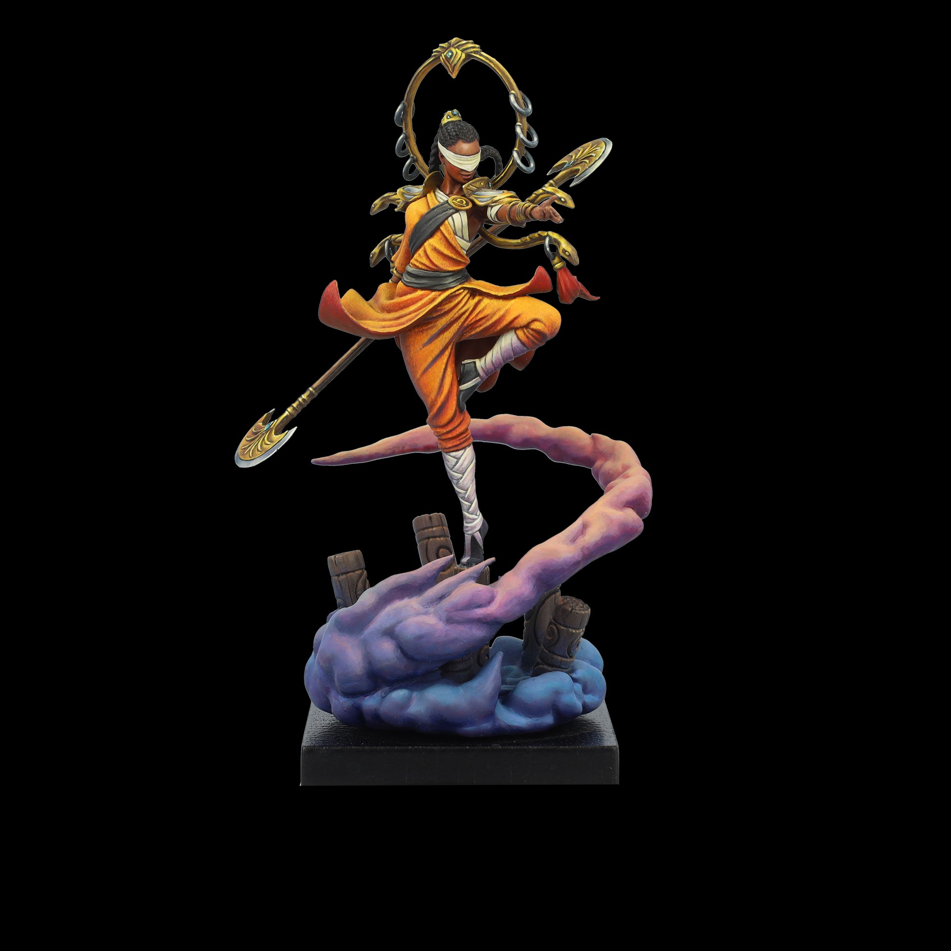 Blindfolded female warrior in ornate orange and gold, levitating on purple clouds, holding a staff and fan.