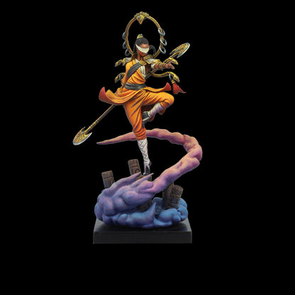 Blindfolded female warrior in ornate orange and gold, levitating on purple clouds, holding a staff and fan.