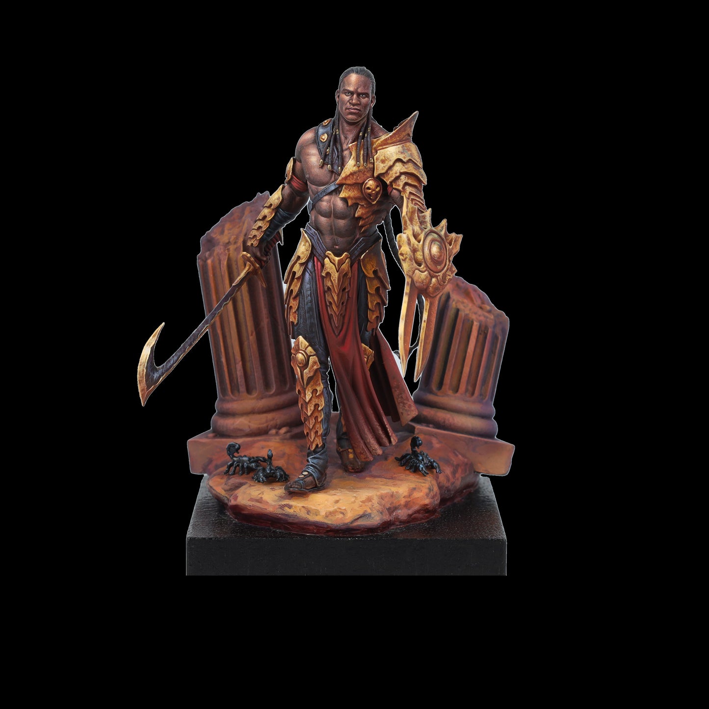 Muscular Black warrior in golden armor with scythe-blade and shield on a base with scorpions and broken columns.