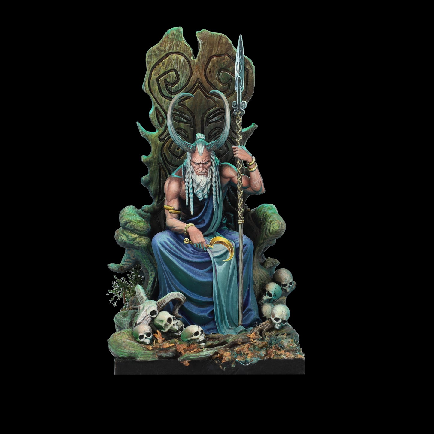 An ancient horned figure with a long white beard sits on an ornate, organic throne, holding a spear and golden crescent blade, surrounded by skulls.