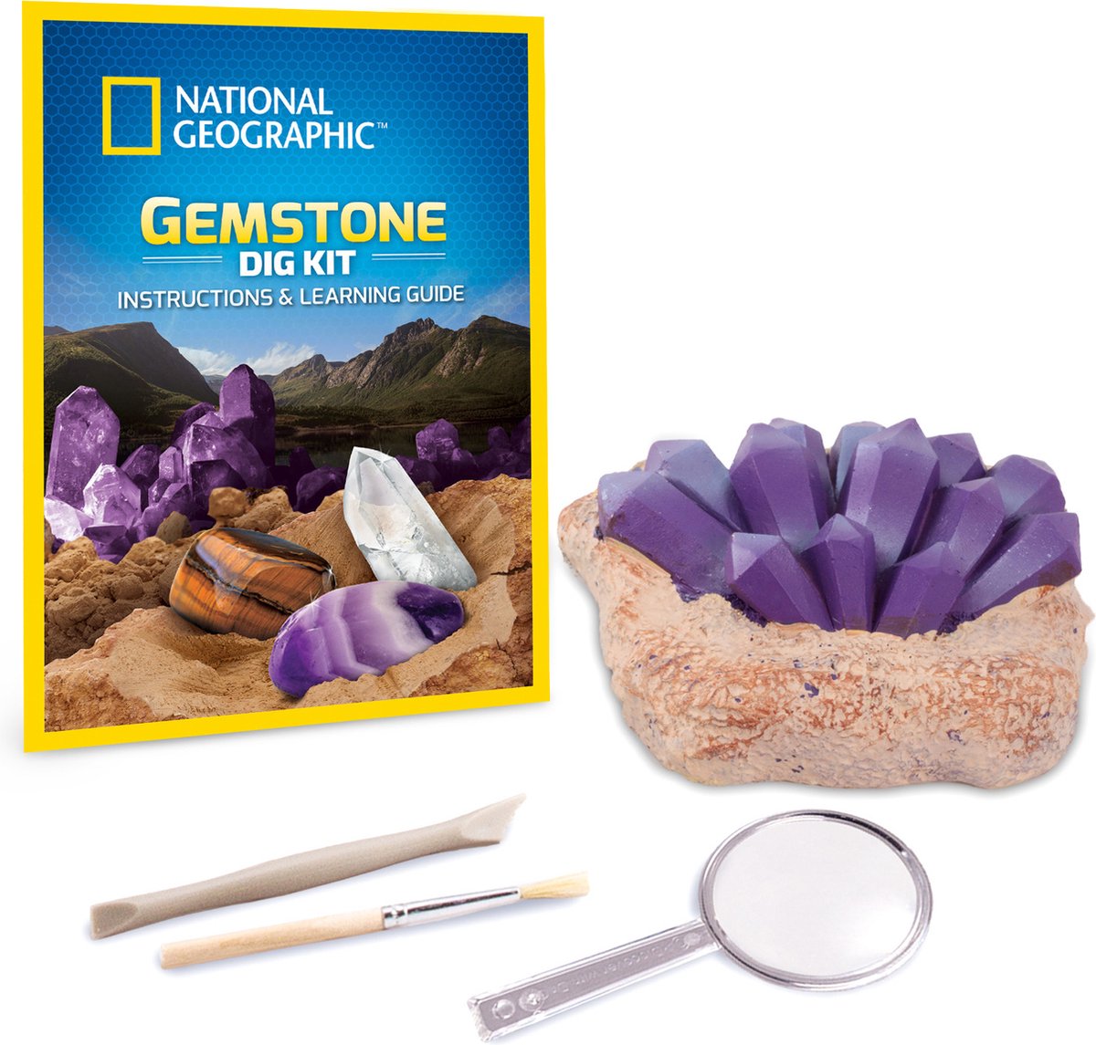 National Geographic Gemstone Dig Kit with purple crystal geode, learning guide, sculpting tool, brush, and magnifying glass