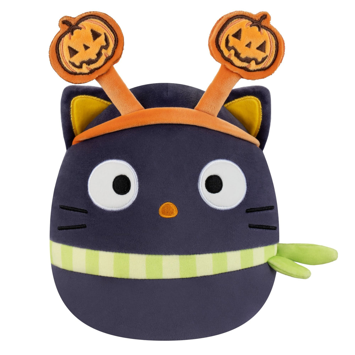 The Halloween Squishmallow features a dark black cat wearing an orange pumpkin headband and a pale green striped scarf