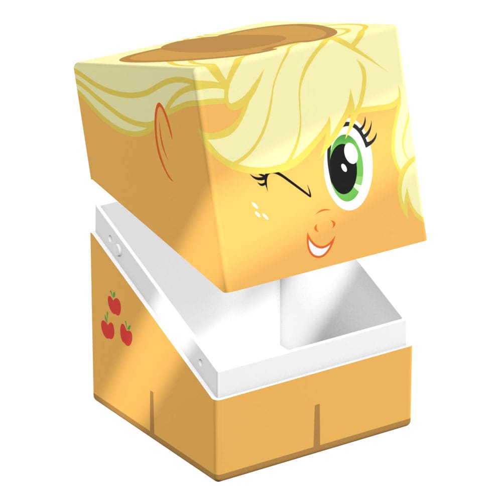 Ultimate Guard Squaroe box featuring Applejack&#39;s winking face on the lid and red apples on the base, partially open to show its white interior