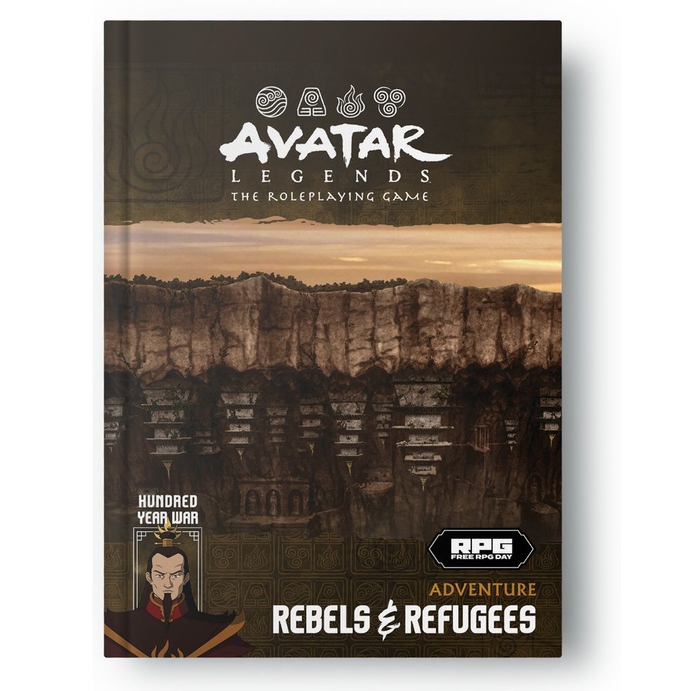 Avatar Legends RPG cover: Rebels & Refugees, Fire Nation character against a cliff city built into rock face at sunset