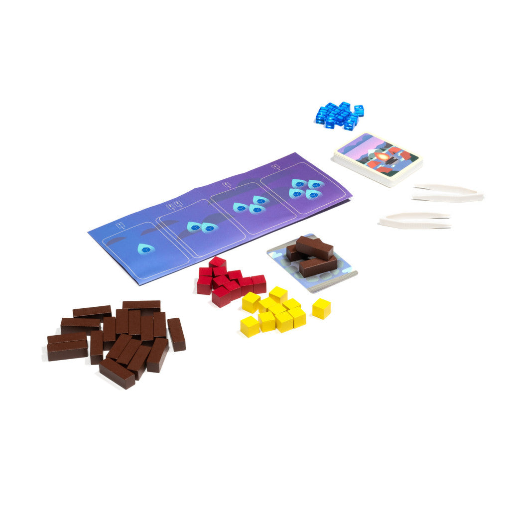 Components of a board game laid out, featuring brown, red, and yellow wooden tokens, blue cubes, cards, and tweezers