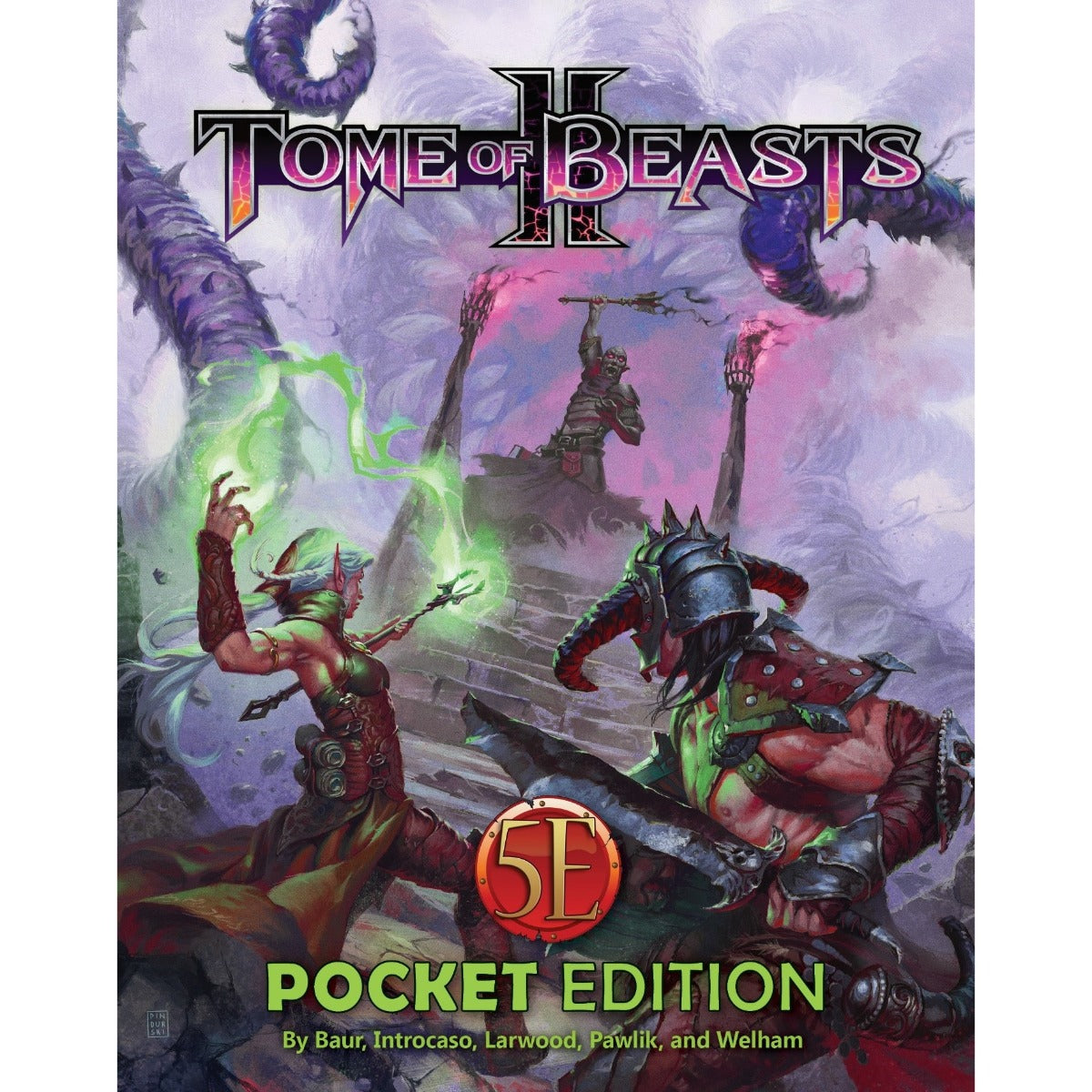 Cover art for Tome of Beasts II Pocket Edition showing a fantasy battle: an elf-like spellcaster with green magic, a horned warrior, and a skeletal figure