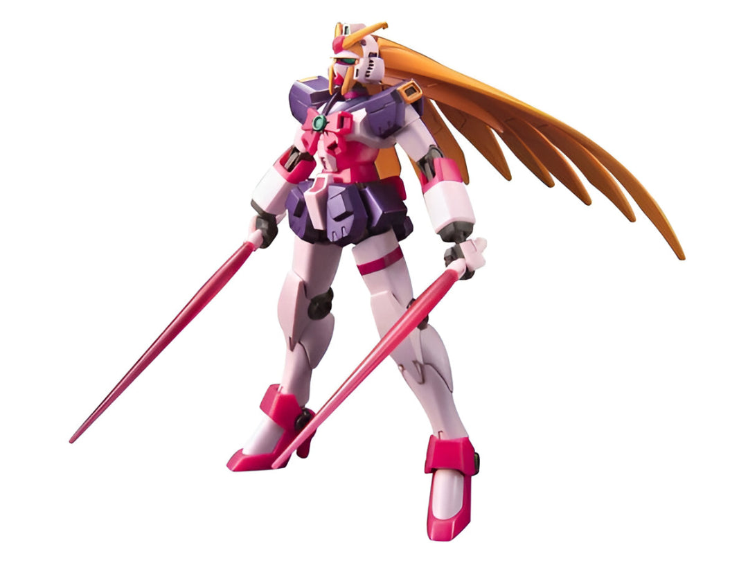Pink, purple, and white mecha robot with long golden wings, holding two glowing pink swords