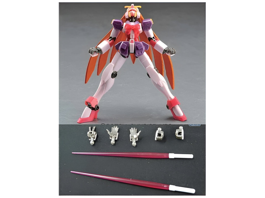 Pink, purple, orange mech figure with orange wings, posed dynamically with interchangeable hands and two red sabers