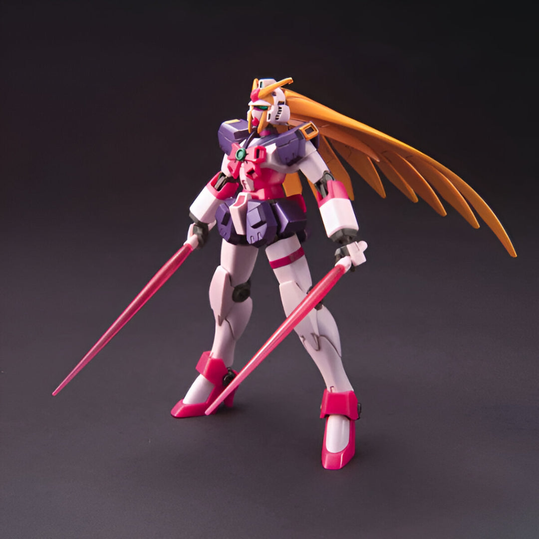 Female-styled pink, purple, and white robot with long gold wings and two glowing pink swords