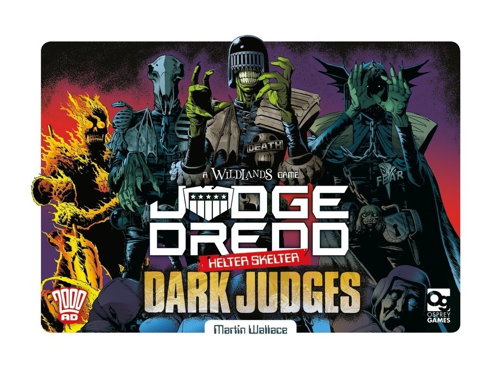 Board game cover: The four monstrous Dark Judges Death, Fire, Mortis and Fear pose menacingly