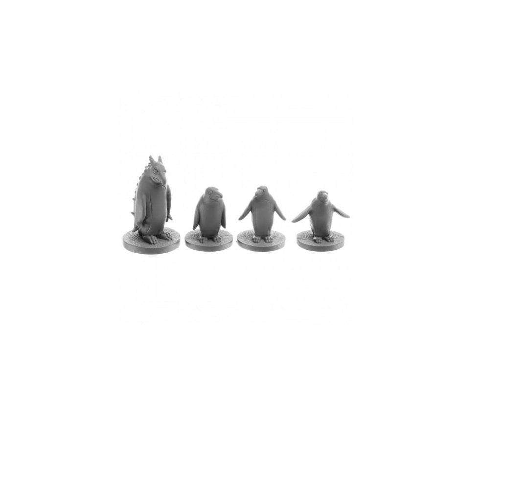 Gray gaming miniatures: a large, spiky monster and three stylized penguins