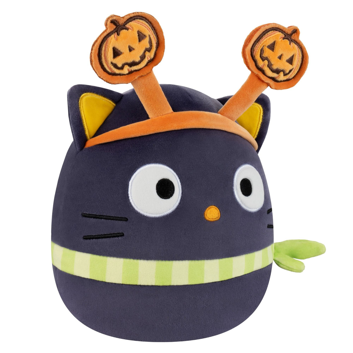 The Halloween Squishmallow plush features a dark cat wearing a festive orange jack-o&#39;-lantern antennae headband and a green striped scarf