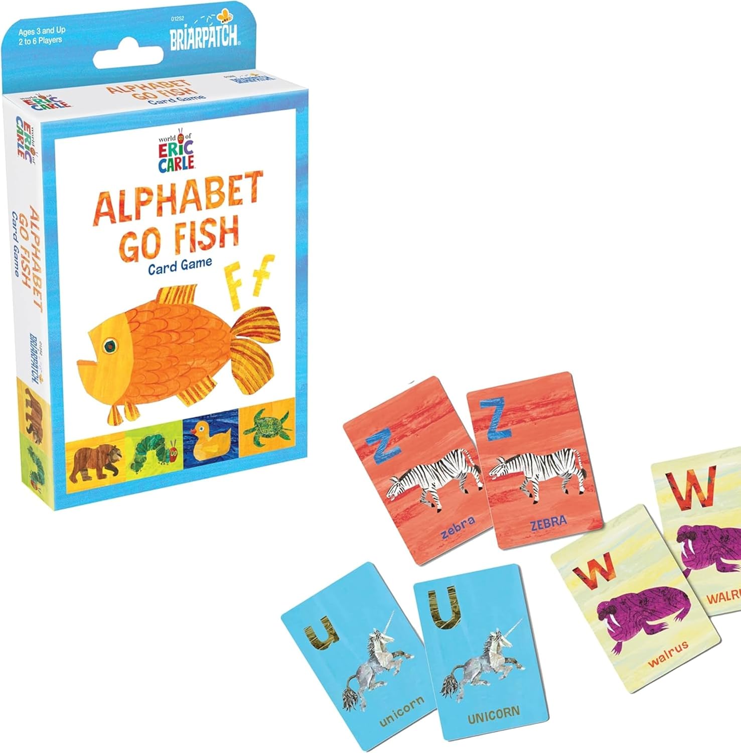 Eric Carle Alphabet Go Fish card game box with fish illustration, plus sample cards showing Unicorn, Zebra, and Walrus artwork