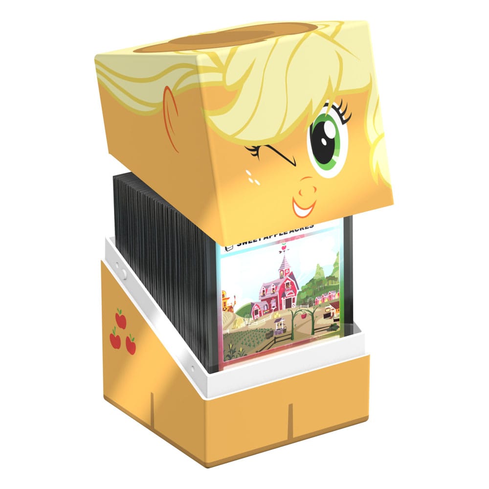An Ultimate Guard Squaroes box with a My Little Pony Applejack theme, featuring her winking face on the lid and apple cutie mark on the base, slightly open to reveal cards