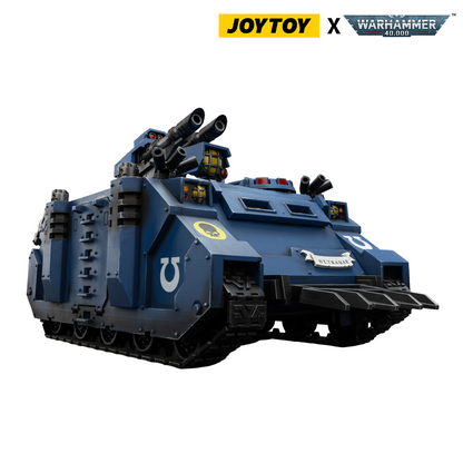 Blue Warhammer 40K Ultramarines armored vehicle model with track treads and top-mounted twin cannons
