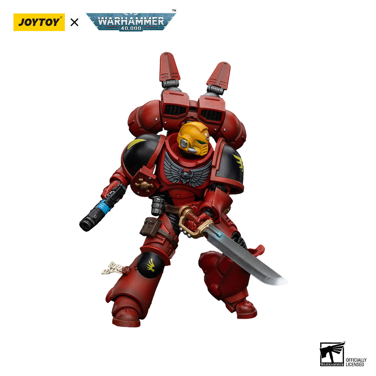 A red and black armored Blood Angels Jump Pack Intercessors Sergeant action figure with a yellow helmet, jump pack, plasma pistol, and sword in a dynamic pose