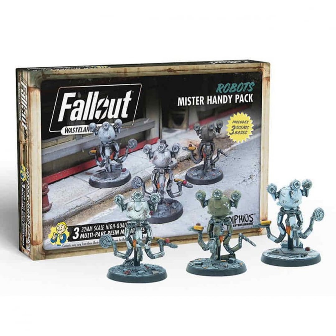 Fallout: Wasteland Warfare 'Mister Handy Pack' box and three detailed multi-armed robot miniatures displayed.