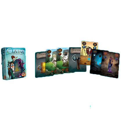Claim card game box next to a fanned-out spread of game cards featuring diverse fantasy characters and items