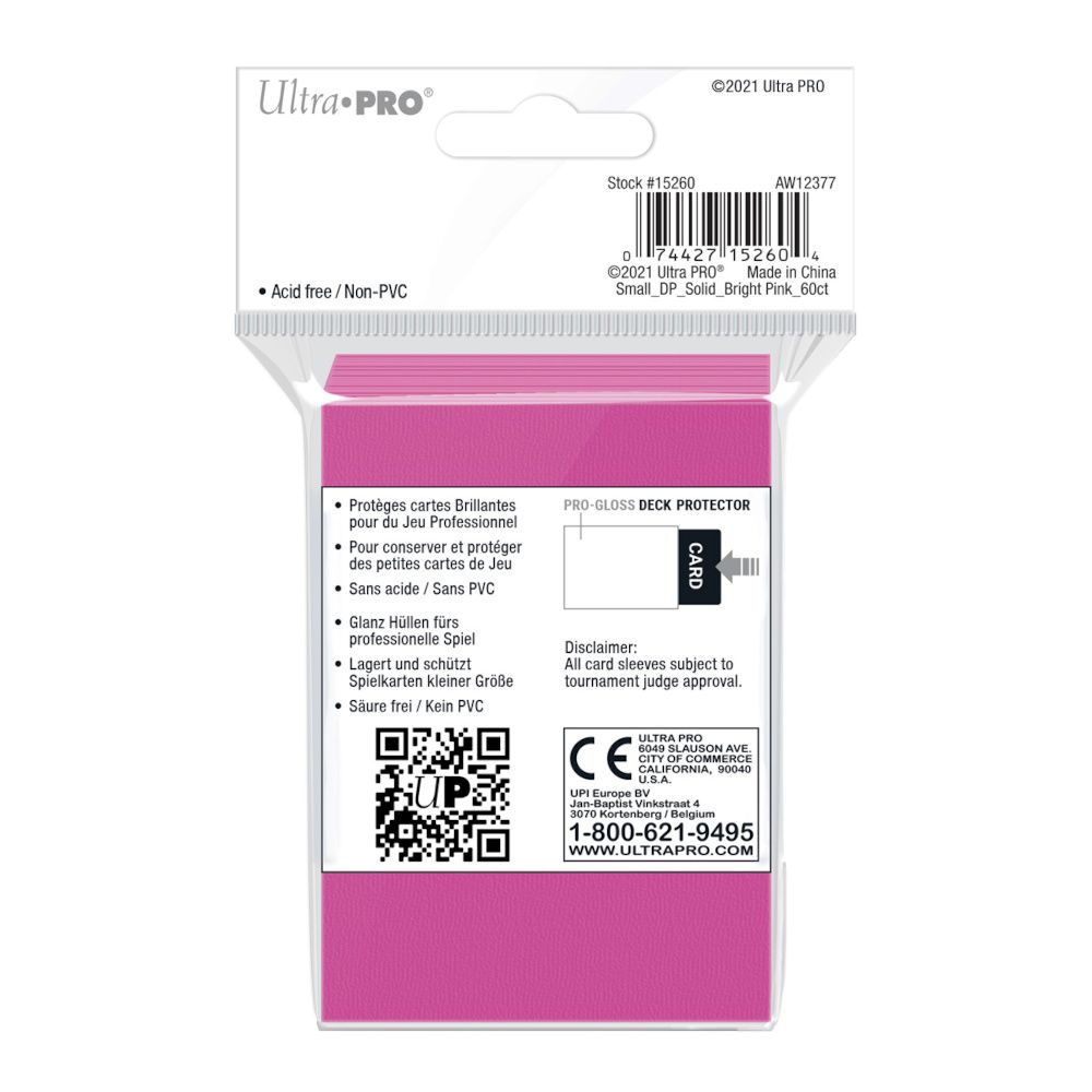 Bright pink Ultra PRO Pro-Gloss Deck Protector card sleeves in retail packaging, 60 count