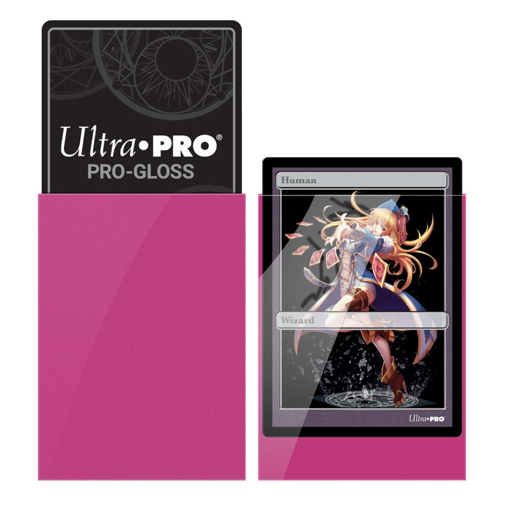 Pink Ultra PRO card sleeve shown with a sleeved Human Wizard trading card